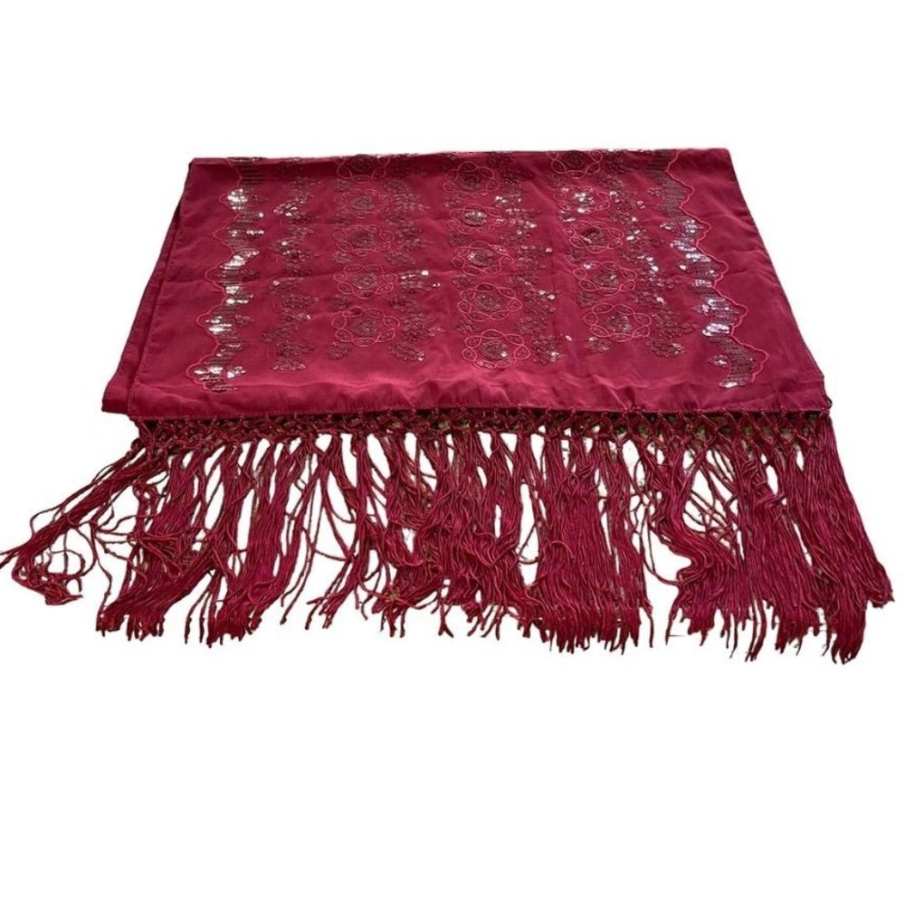 Indian Multi Use Burgundy Fringed Sequined Embroidered Scarf Shawl Wrap NWOT - Picture 3 of 6